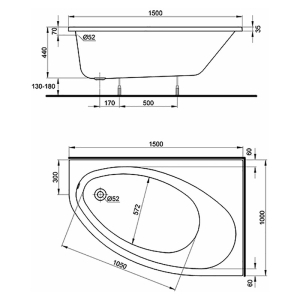 Ванна Elipso 150x100 c ножками отверстие слива слева