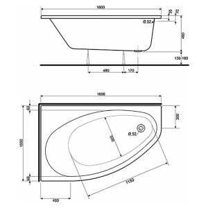 Ванна Elipso 160x100 з ніжками отвір зливу справа