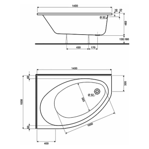 Ванна Elipso 140x100 c ножками отверстие слива справа