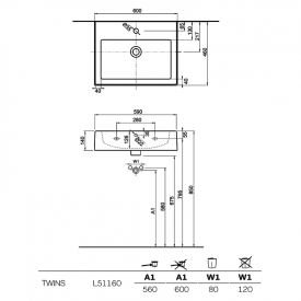 Раковина Twins 60 меблева прямокутна всередині