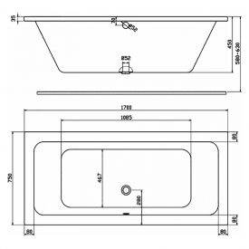 Ванна Modo 170x75 з ніжками, центральний злив