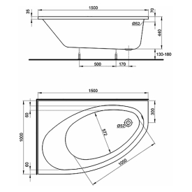 Ванна Elipso 150x100 c ножками отверстие слива справа