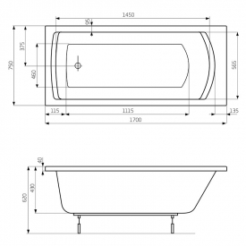 Ванна Linea 170x75 з ніжками і праву панель